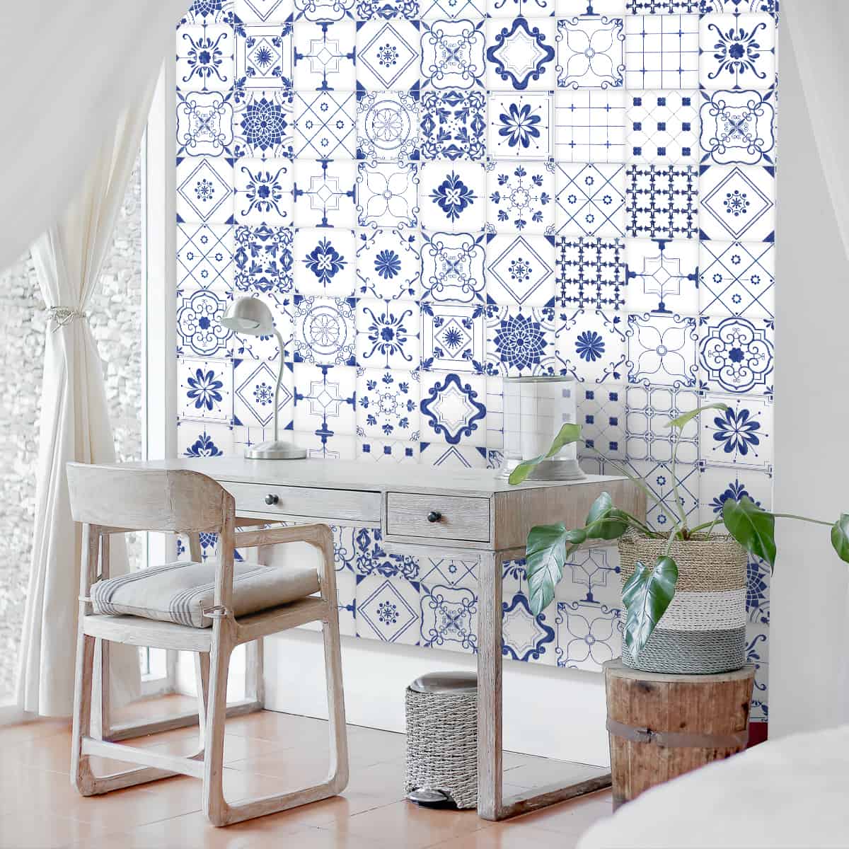 A close-up of a702211 - Moroccan Beauty, Blue & White Tiles Wallpaper Indrani Series Soft Feel Patterned Design (Customised Size Wallpaper )available at Material Depot in Bangalore